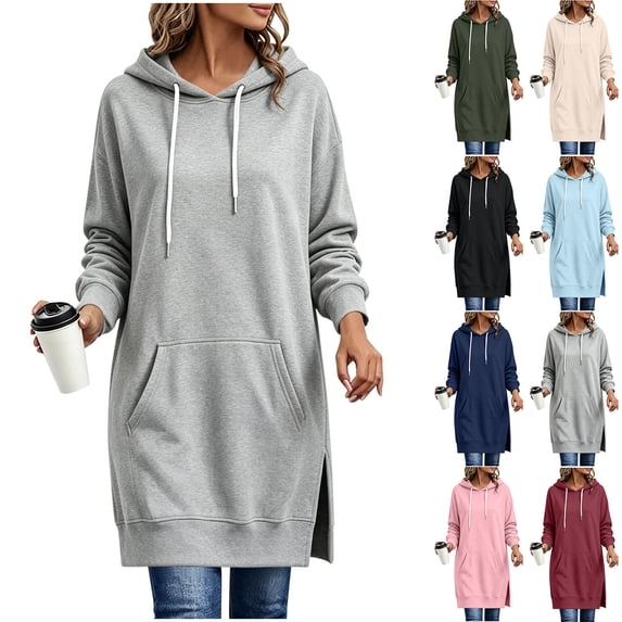Feancey Long Hoodies for Women Side Split Casual Oversized Sweatshirts Loose Fit Drawstring Hooded Sweatshirt Solid Color Tunic Pullover Tops with Pocket Pink XL