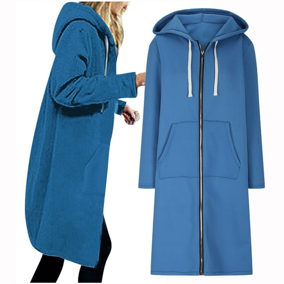 Feancey Long Hoodies for Women Zip Up Sweatshirt Jackets Comfy Loose Hooded Jacket Fall Fleece Lightweight Zipper Coat with Pockets Blue XXL