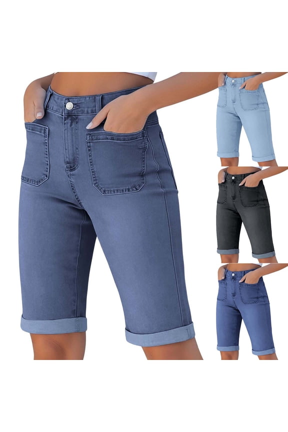 Long Jean Shorts for Women Folded Hem Skinny Denim Bermuda Shorts Knee Length Casual Elastic Waisted Summer Jorts with Pockets Black XL