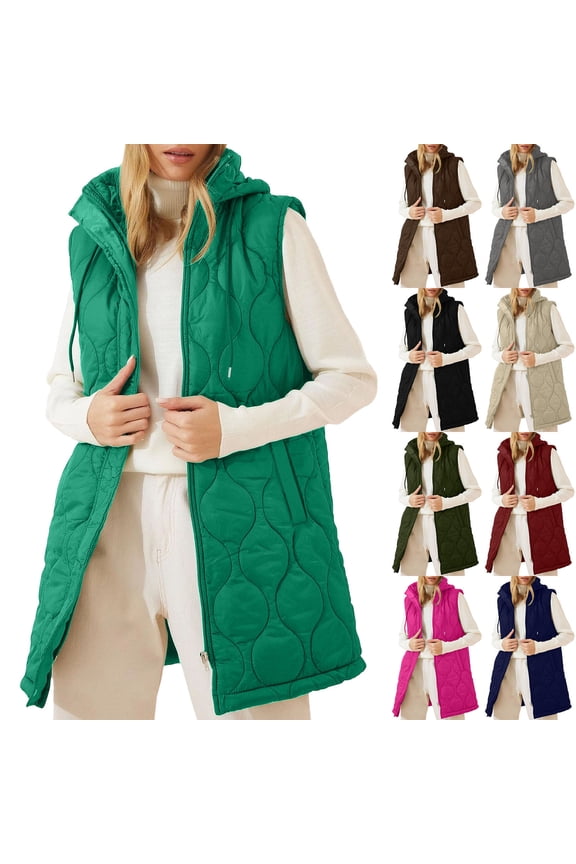 Long Puffer Vest Women Sleeveless Hooded Down Jacket Lightweight Quilted Jackets Winter Warm Zip Up Coat Outerwear with Pockets Gray XXL