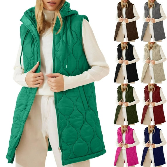 Feancey Long Puffer Vest Women Sleeveless Hooded Down Jacket Lightweight Quilted Jackets Winter Warm Zip Up Coat Outerwear with Pockets Hot Pink XL