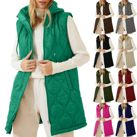Feancey Long Puffer Vest Women Sleeveless Hooded Down Jacket Lightweight Quilted Jackets Winter Warm Zip Up Coat Outerwear with Pockets Navy S