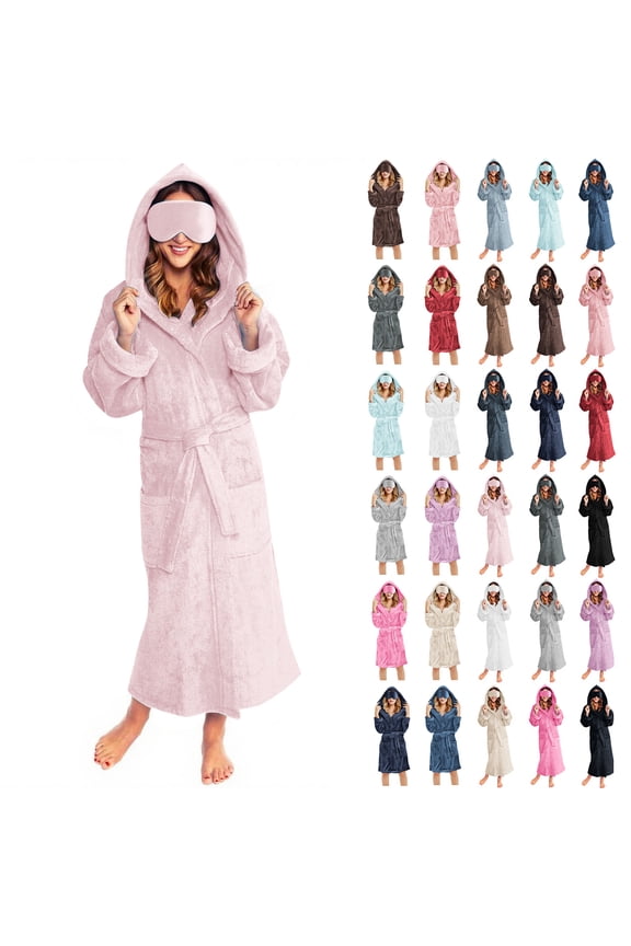 Long Robes for Women Hooded Eye Mask Plush Bathrobes Winter Fleece Thermal Loungewear Comfy Furry Casual Shower Robe with Belt and Pockets White XL