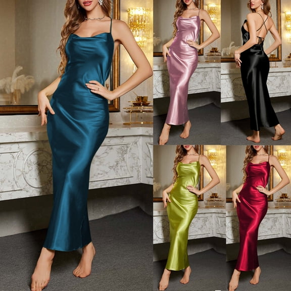 Feancey Long Satin Nightgowns for Women Backless Criss Cross Nightdresses Soft Silky Sleepwear Solid Color Sleeveless Cami Home Dress Clearance Sales Black S