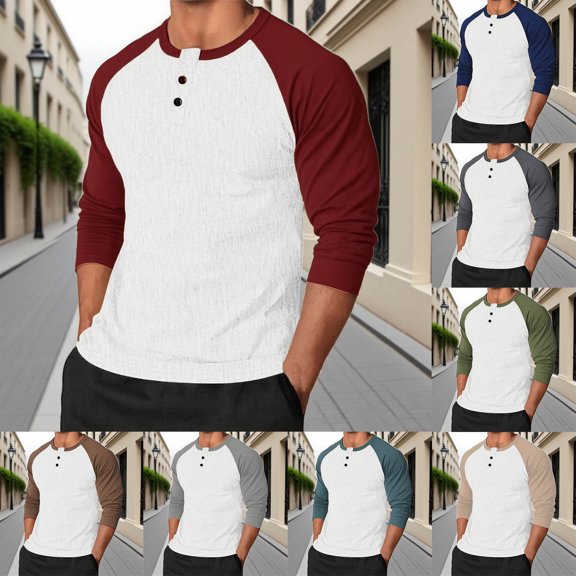 Feancey Long Sleeve Baseball T Shirts for Men Slim Slim Fit Casual Henley Shirt Color Block Fashion Gym Workout Shirts Button Collarless Basic T-Shirt Dark Gray M