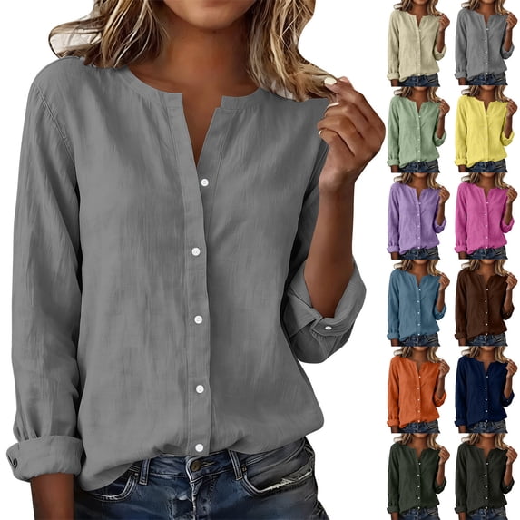 Feancey Long Sleeve Linen Shirts for Women V Neck Casual Button Down Shirt Loose Fit Dressy Business Shirts Solid Color Office Work Tops Green S