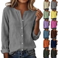 thumbnail image 1 of Feancey Long Sleeve Linen Shirts for Women V Neck Casual Button Down Shirt Loose Fit Dressy Business Shirts Solid Color Office Work Tops Purple XXL, 1 of 10