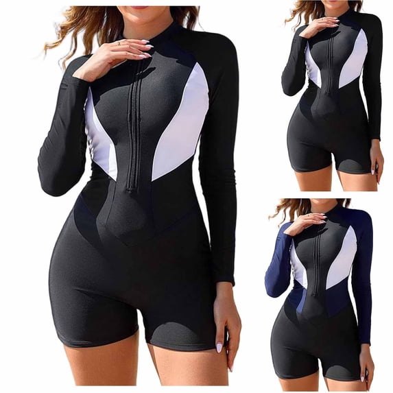 Feancey Long Sleeve Swimsuits for Women Rash Guard Boyleg Casual One Piece Bathing Suit UPF 50+ Zipper Surfing Swimwear Summer Wetsuit Black XXL