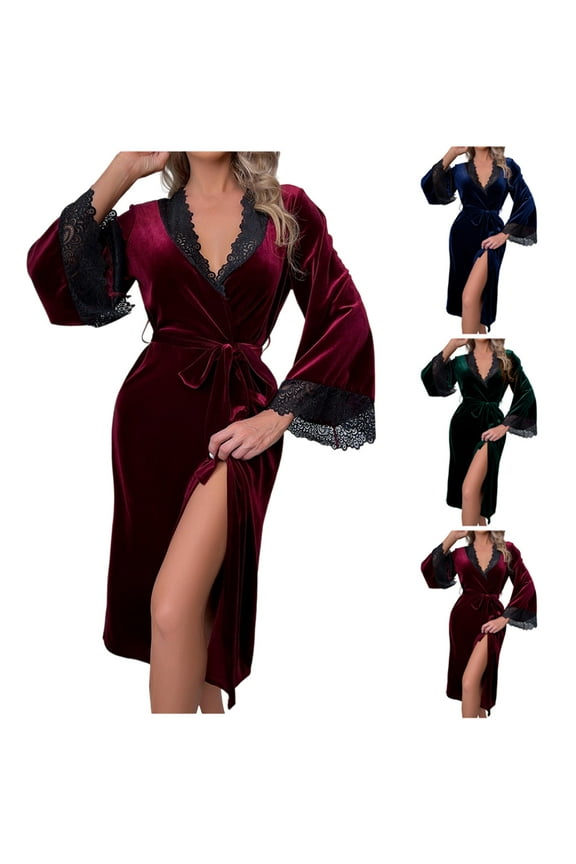 Long Velvet Robe Women Lace Trim Kimono Robes Bridesmaid Bride Wedding Party Bathrobe Cozy Soft Nightgowns Velour Sleepwear Green L