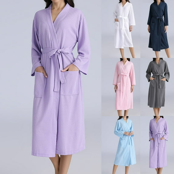 Feancey Long Waffle Knit Robes for Women Cozy Breathable Kimono Robe Soft Lightweight Bathrobe Loose Fit Casual Dressing Gown Loungewear with Pockets Deals of The Day Pink XL