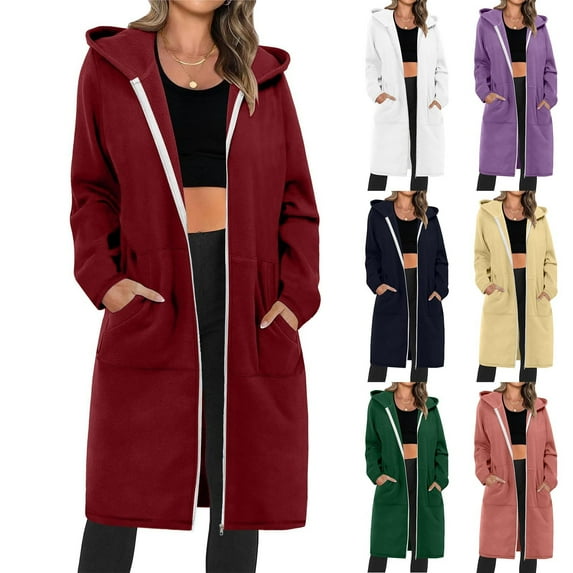Feancey Long Zipper Hoodies for Women Hooded Long Sleeve Sweatshirt Jacket Solid Color Casual Fleece Lined Fashion Jackets with Pockets Navy XL