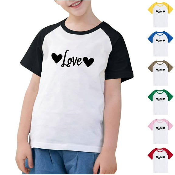 Feancey Love Heart Graphic Tees for Kids Raglan Short Sleeve Round Neck Tops Toddler Boys Girls Summer T-Shirts Soft Cute Tee Holiday Sales Brown 13 Years