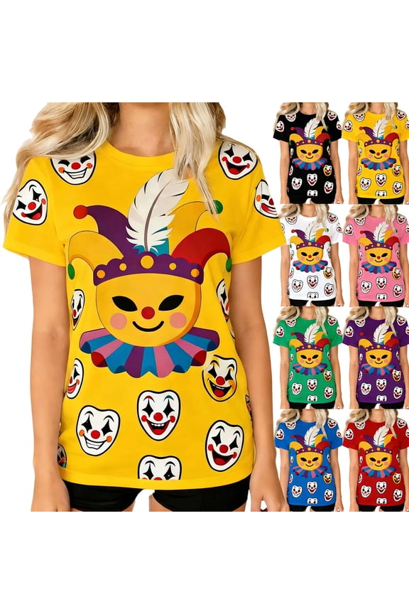 Mardi Gras Graphic Tees for Women Funny Clown Printed T-Shirts Soft Cute Short Sleeve Summer Tops Comfy Loose Tunic Shirt Yellow M