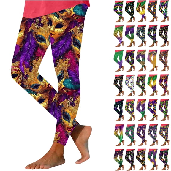 Feancey Mardi Gras Workout Leggings for Women Fancy Mask Printed Party Tights Seamless Tummy Control High Waisted Yoga Pants Carnival Outfits Green S