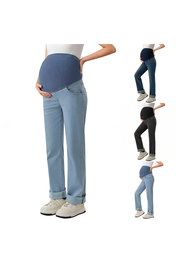Maternity Jeans for Women Over The Belly Comfy Straight Leg Pants Stretchy Casual Pregnancy Denim Pants with Pockets Blue M