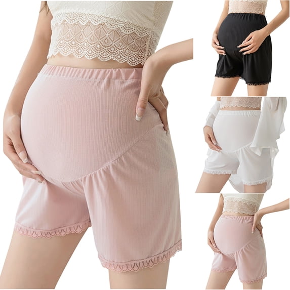Feancey Maternity Shorts for Women Lace Trim Pregnant Mother Pajama Bottoms Ice Silk Soft Plus Size Lounge Shorts Comfort Underpants Pink XL