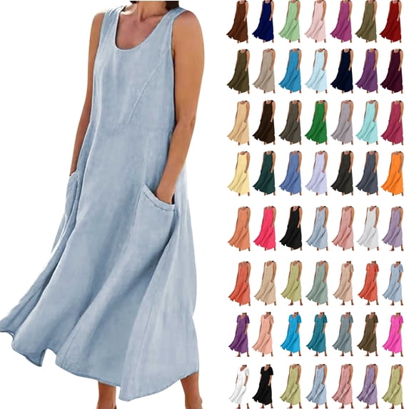 Feancey Maxi Dresses for Women 2025 Casual Crewneck Beach Sundress Summer Flowy Pleated Loose Long Dresses Solid Color Linen Plus Size Dress with Pockets Daily Sales