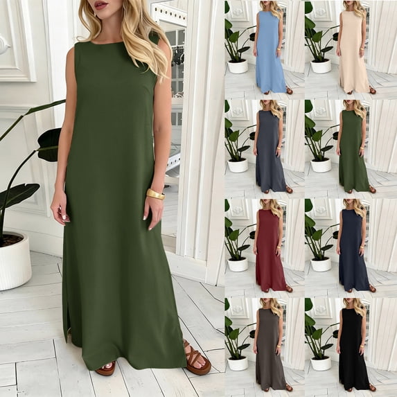 Feancey Maxi Sundresses for Women Side Split Casual Linen Shift Dress Summer Sleeveless Beach Vacation Dresses Solid Color Loose House Tank Dress Black M