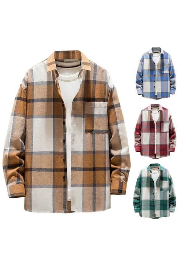 Men Big anf Tall Flannel Jackets Long Sleeve Cotton Plaid Shirt Jacket Casual Lightweight Shacket Jacket with Pockets,Daily Sales,Blue,M