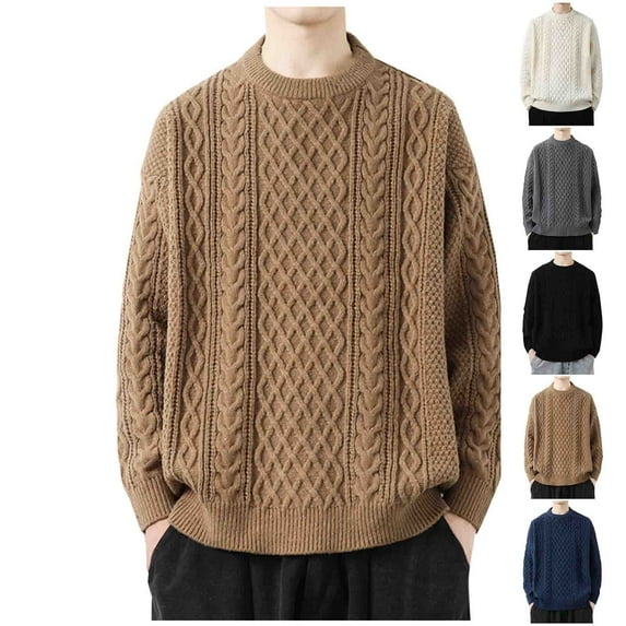 Feancey Men's Cable Knit Sweaters Comfy Drop Shoulder Long Sleeve Crewneck Jumper Tops Casual Loose Knitted Sweater Fall Winter Fashion Pullover Khaki XL