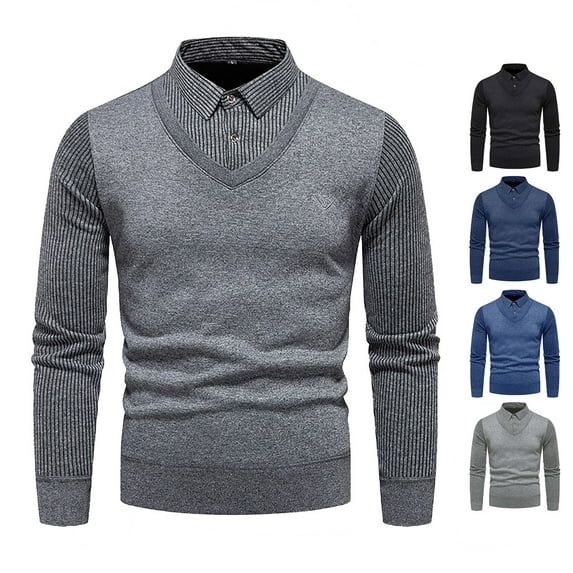 Feancey Men's Fake 2 Piece Knitted Shirt Slim Fit Casual Business Pullover Sweaters Striped Lapel Button Sweater Tops 2025 Fashion Office Jumpers Back to School Prime Sales Dark Gray 3XL