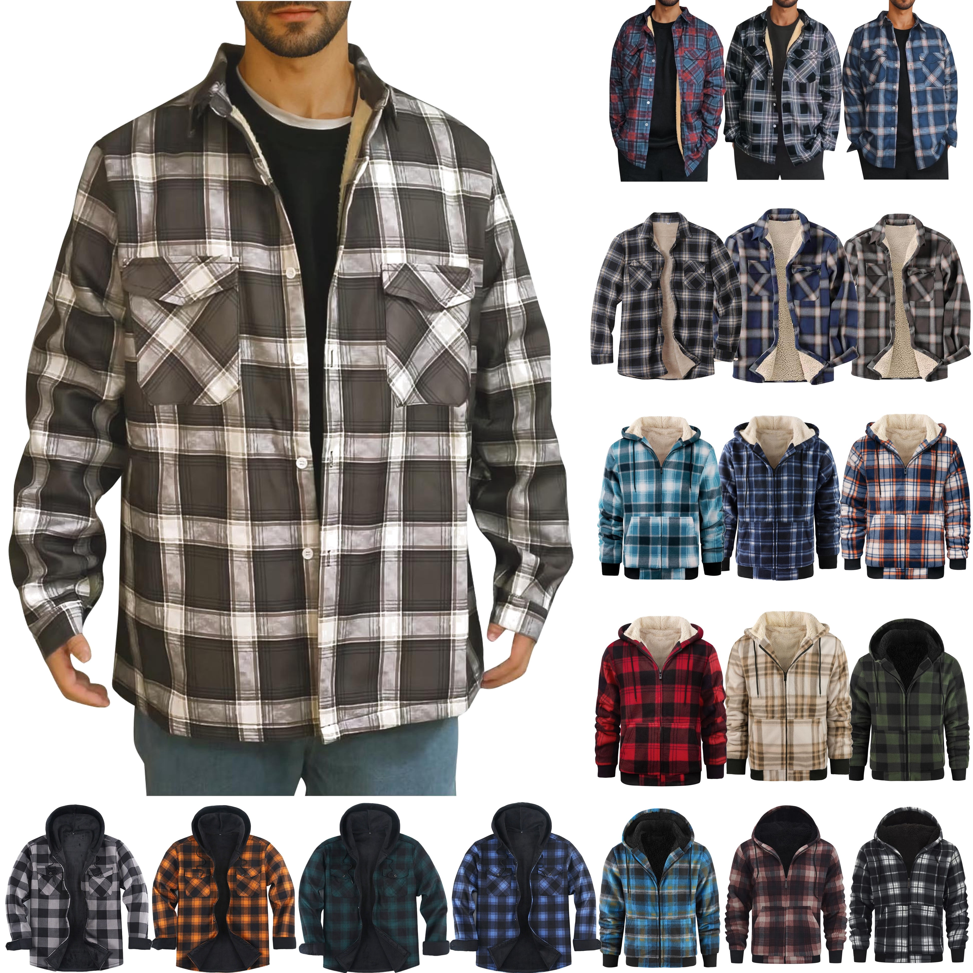 Feancey Men's Flannel Jacket Zip Up Fleece Lined Hoodies Winter Casual Plaid Shacket Drawstring Long Sleeve Hooded Coats with Pockets Multicolor S