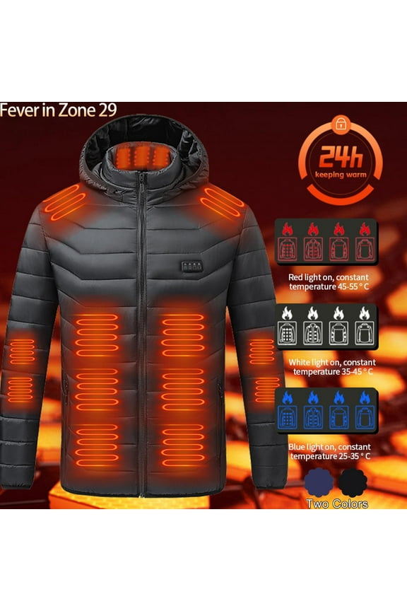 Men's Heated Puffer Jackets with Removable Hood Quad-Control 29 Zones Heating Jacket Unisex Winter Windproof Hooded Down Coats Black S