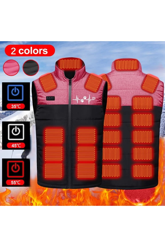 Men's Heated Vest Rechargeable Quad-Control 21 Heat Zones Puffer Vests Unisex Heart Print Sleeveless Down Coats with Pockets Red L