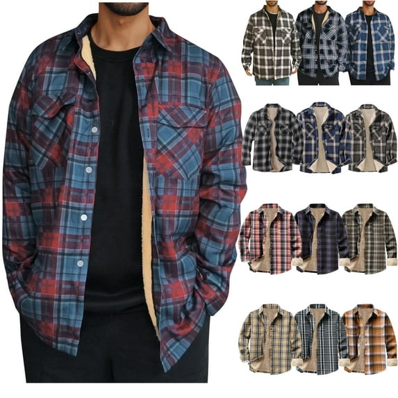 Feancey Men's Shacket Jacket Winter Warm Fleece Lined Plaid Shirt Jackets Regular Fit Casual Button Down Shirts Fashion Flannel Shackets with Pockets Multicolor L