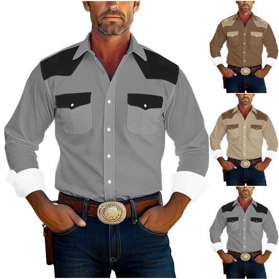 Feancey Men's Western Cowboy Shirt Color Block Long Sleeve Button Down Shirts Cotton Casual Hippie Shirt with Pockets Gray M