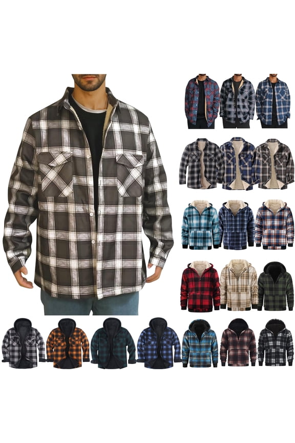 Men's Winter Coats Warm Sherpa Lined Plaid Hoodie Jackets Drawstring Long Sleeve Flannel Shackets Full Zip Casual Hooded Jacket with Pockets Multicolor S