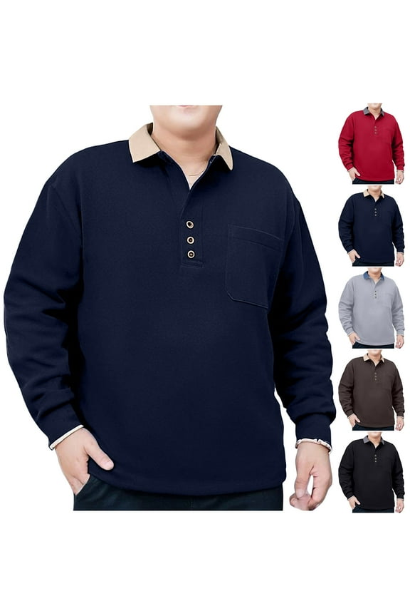 Mens Business Casual Golf Shirts Big and Tall Long Sleeve Button Collar Pullover Tops 2025 Fall Fashion Contrast Color Patchwork T-shirt Black and Friday Sales Dark Gray L