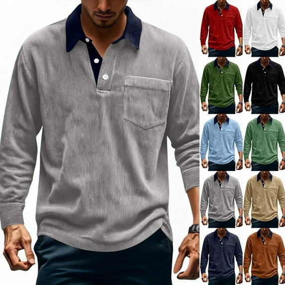 Feancey Mens Corduroy Polos Shirts Big and Tall Long Sleeve Button Up Collared T-Shirt Solid Color Vintage Washed Golf Shirt Casual Work Tees Army Green M