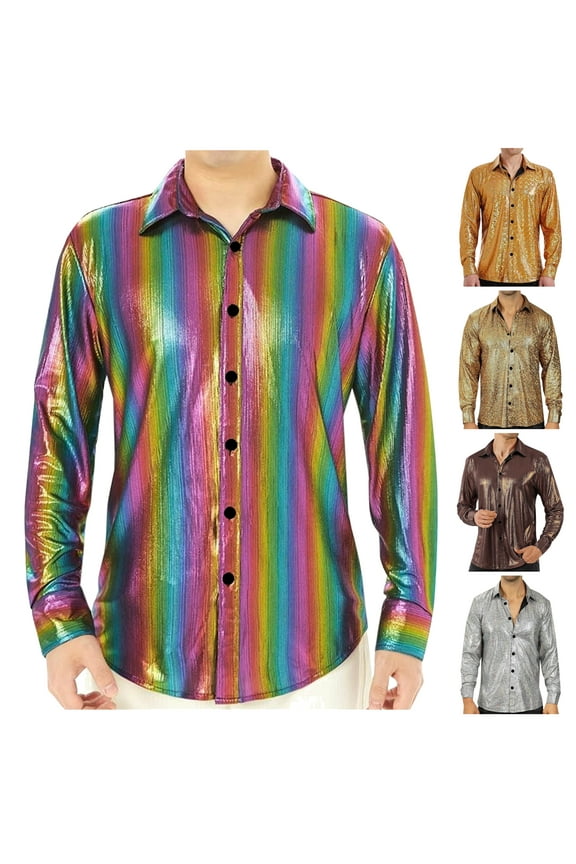 Feancey Mens Disco Shirt Sequin Party Shirts Sparkle Glitter Long Sleeve Button Down Shirt Silver M
