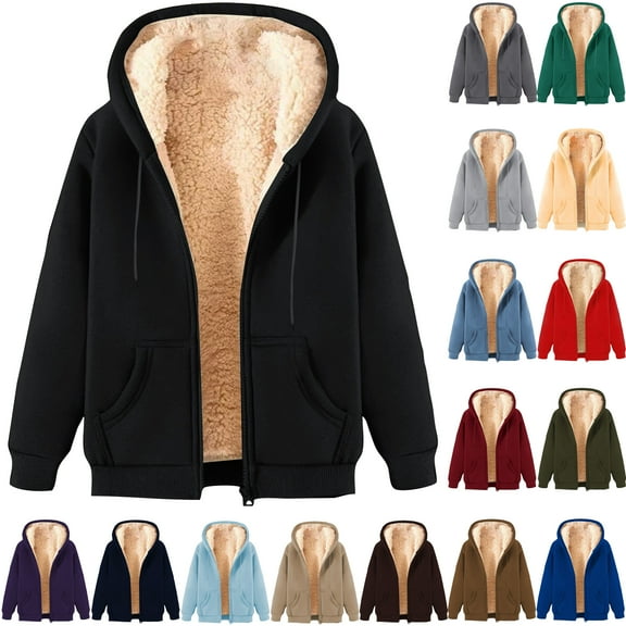 Feancey Mens Fleece Lined Hooded Jackets Y2K Casual Warm Winter Coats Thicken Sherpa Zipper Sweatshirt Jacket Comfy Plush Hoodies Black 4XL