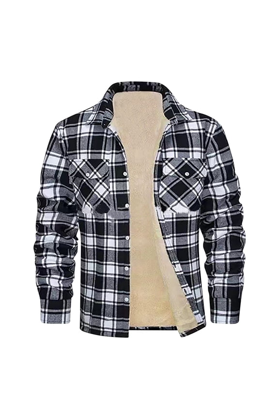 Mens Fleece Plaid Coat Big and Tall Flannel Shirt Jacket Long Sleeve Button Down Coats Casual Winter Warm Work Jackets with Pockets,Sales Today of Today,Black,5XL