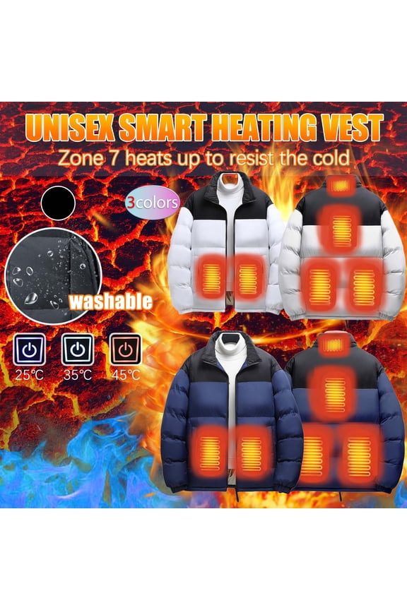 Mens Heated Puffer Jacket with 6 Heat Zones Winter Full Zip Up Stand Collar Heating Jackets Big and Tall Casual Warm Down Coats with Pockets Black L