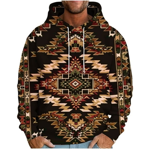 Feancey Mens Hooded Pullover Ethnic Style Graphic Hoodies for Men Western Aztec Cowboy Sweatshirt Tops with Hood Vintage Pocket Hoodie ,Navy,L