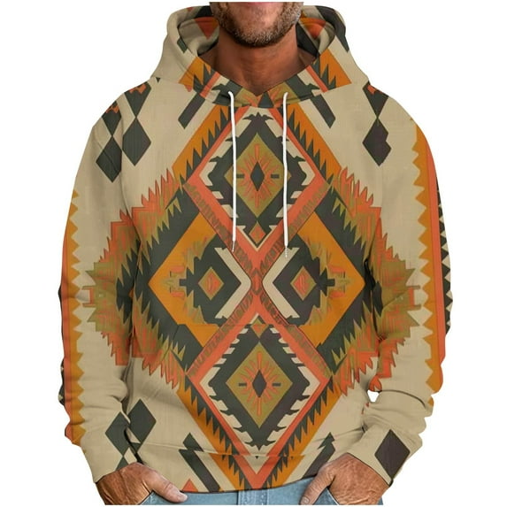 Feancey Mens Hooded Pullover Ethnic Style Graphic Hoodies for Men Western Aztec Cowboy Sweatshirt Tops with Hood Vintage Pocket Hoodie Flash On Sale,Khaki,XXL