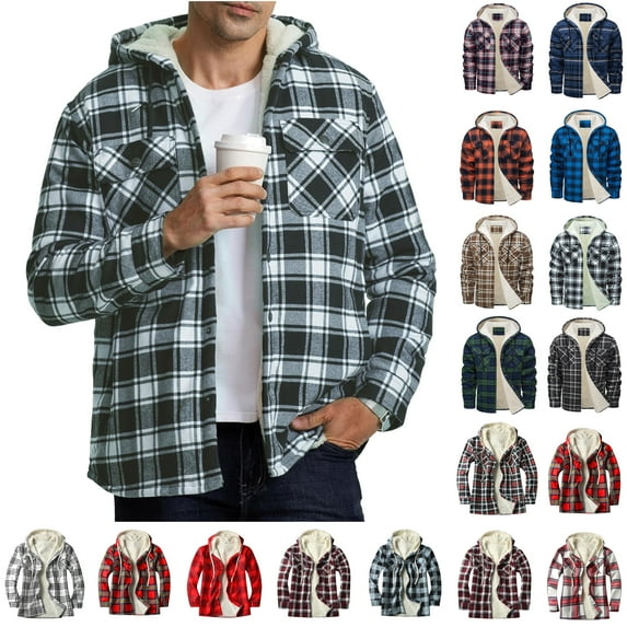 Feancey Mens Hooded Sherpa Jacket Fleece Liner Winter Plaid Shirt Jackets Casual Long Sleeve Button Hoodie Coat Comfy Plush Warm Outwear with Pockets Back to College Sale,Blue,3XL