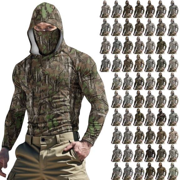 Feancey Mens Hunting Hoodie with Face Mask Ice Silk Breathable Hooded Sun Shirt UV Protection Camo Fishing Shirts Lightweight Quick Dry Workout Shirt Camouflage M