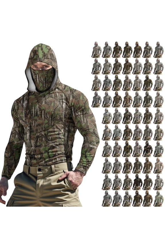 Mens Hunting Hoodie with Face Mask Ice Silk Breathable Hooded Sun Shirt UV Protection Camo Fishing Shirts Lightweight Quick Dry Workout Shirt Camouflage 3XL