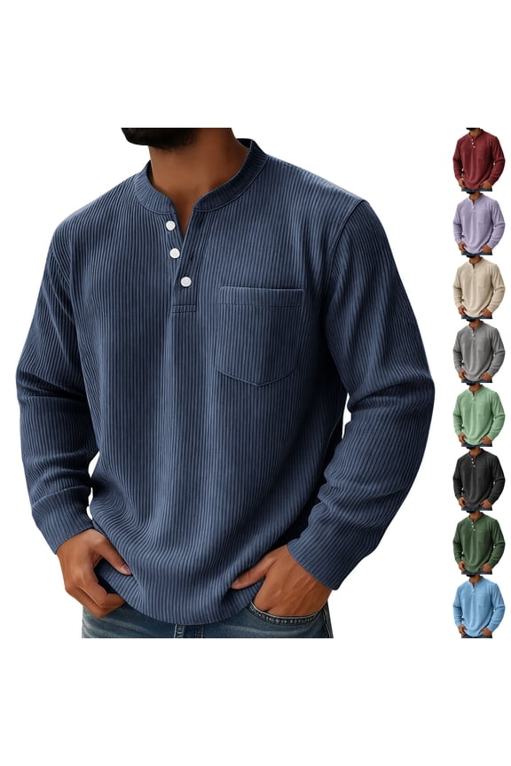 Mens Long Sleeve Corduroy Henley Shirt Big and Tall Casual Button V Neck Shirts Solid Color Regular Fit Collarless T-Shirt Navy 5XL