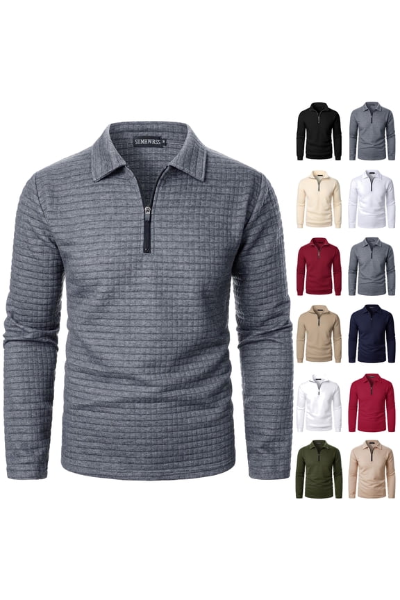 Mens Quarter Zip Golf Shirts Lightweight Casual Waffle Knit Polos Sweatshirts Long Sleeve Stand Collar Pullover Tops Regular Fit Tshirts Dark Gray L