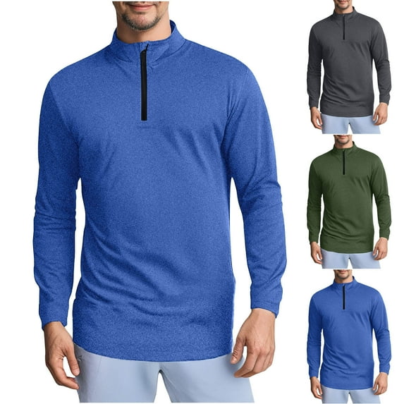 Feancey Mens Quarter Zip Pullover Solid Casual Stand Collar Pullover for Men Athletic Long Sleeve Sweatshirt Mock Neck Golf Shirts Blue M