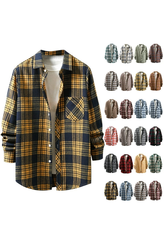 Mens Shacket Jacket Flannel Long Sleeve Plaid Shirts Casual Classic Button Down Shirt Jackets Cotton Comfy Fall Outwear with Pocket Clearance Sales,Yellow,2XL