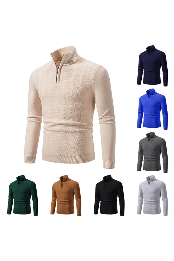 Mens Slim Fit Quarter Zip Sweater Winter Casual Mock Neck Knit Pullover Soft Long Sleeve Knitted Sweaters Stretch Skinny Jumper Tops Dark Gray L