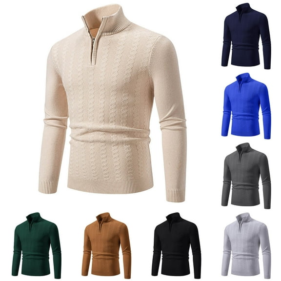 Feancey Mens Slim Fit Quarter Zip Sweater Winter Casual Mock Neck Knit Pullover Soft Long Sleeve Knitted Sweaters Stretch Skinny Jumper Tops Beige L