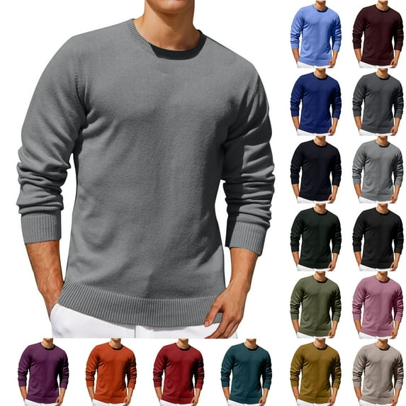 Feancey Mens Solid Color Knitted Top Pullover Sweaters for Men Crewneck Long Sleeve Pullover Sweater Slim Fit Casual Stretch Knit Shirts Jumpers Dark Gray L