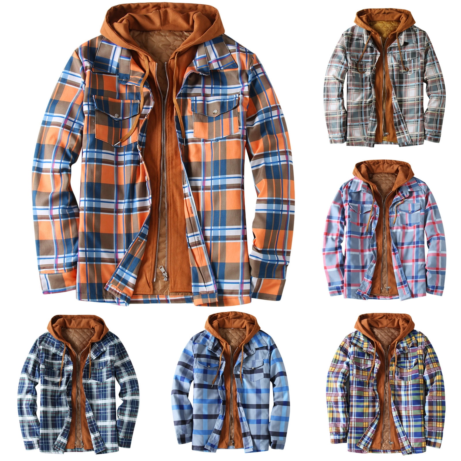 Feancey Mens Sports Plaid Shirt Jacket Winter Casual Loose Fit Hooded Jackets with Quilted Lined Long Sleeve Fake Two Piece Oversized Coat with